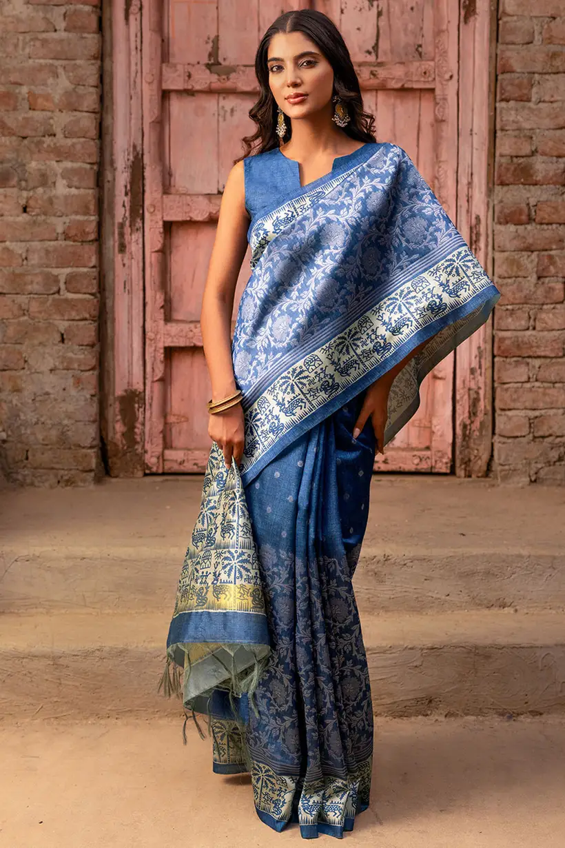 Indigo Tussar Silk Saree With Tribal Print And Zari Woven Saree